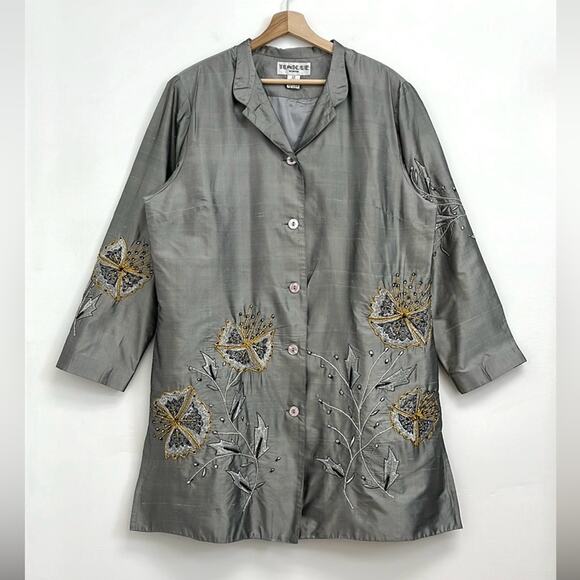 Tunique Silk Embroidered Beaded Floral Silver Metallic Formal Evening Jacket 1X - Picture 1 of 16
